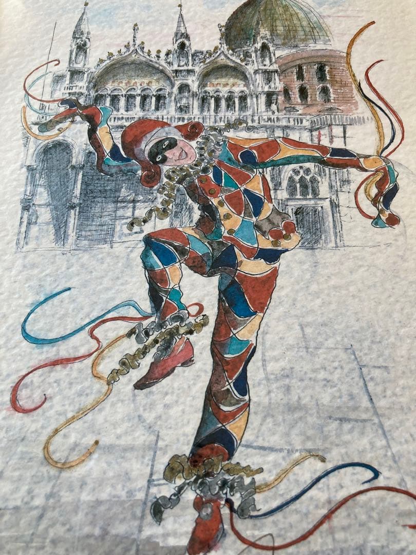 ピエロ　MISSIAJA Venezia 水彩画 1995年　アンティーク