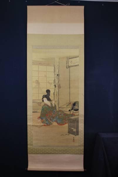 真作/石山/美人画/布袋屋掛軸A-791