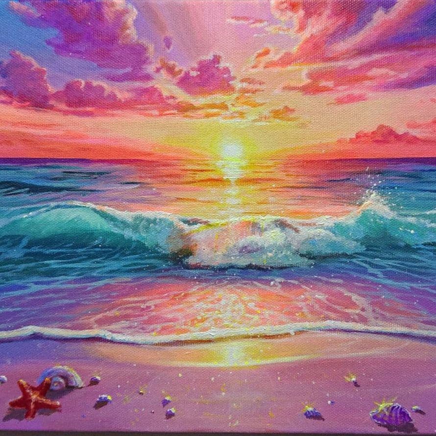 【真夏の夕焼け】アクリル画 F3 風景画 絵画