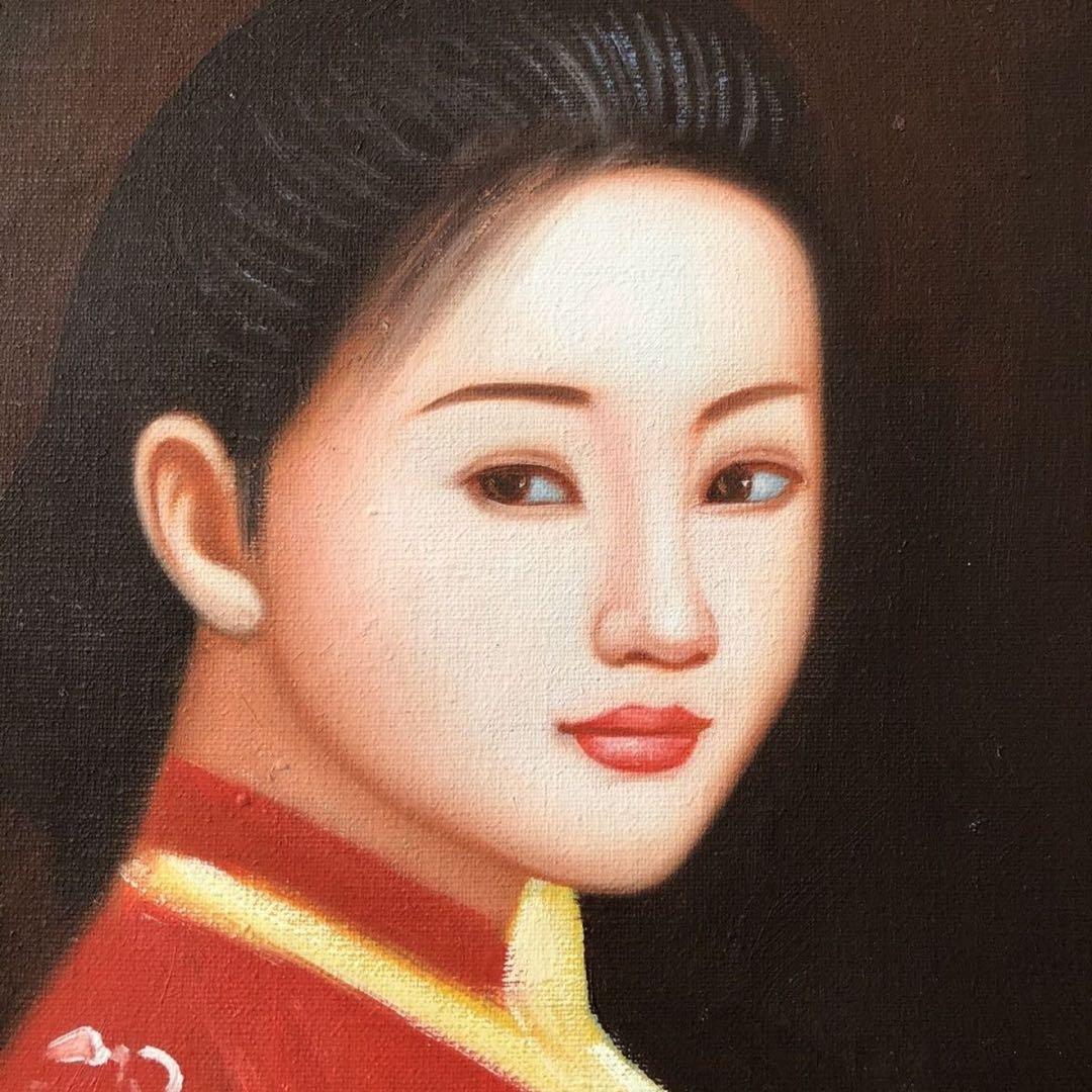 純手描き 油画 人物画 陳逸飛 作品図 中国絵画 約104×74cm 未表装