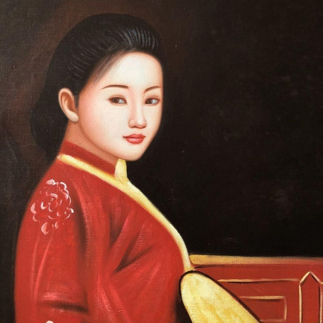 純手描き 油画 人物画 陳逸飛 作品図 中国絵画 約104×74cm 未表装