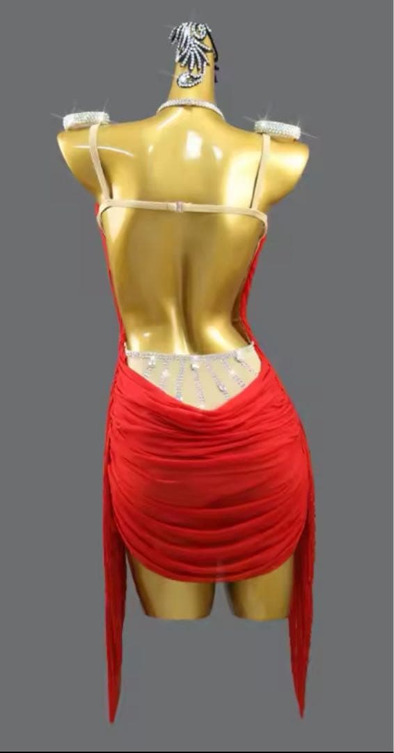 赤 ラテンドレス ミニ丈 フリンジ付き
