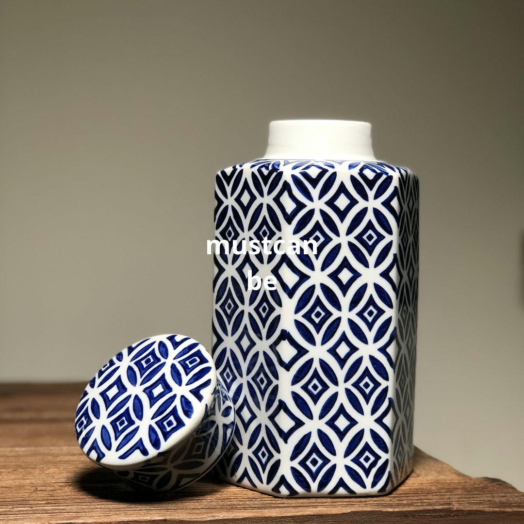 青花磁 青花缶六角茶缶 景徳鎮 陶磁器 装飾品 現代工芸品 美術品 置物