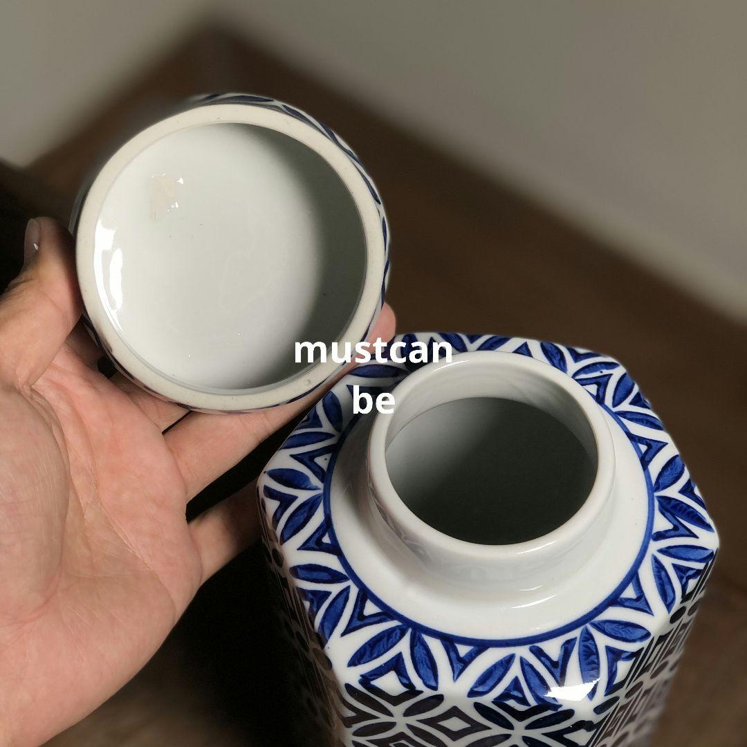 青花磁 青花缶六角茶缶 景徳鎮 陶磁器 装飾品 現代工芸品 美術品 置物