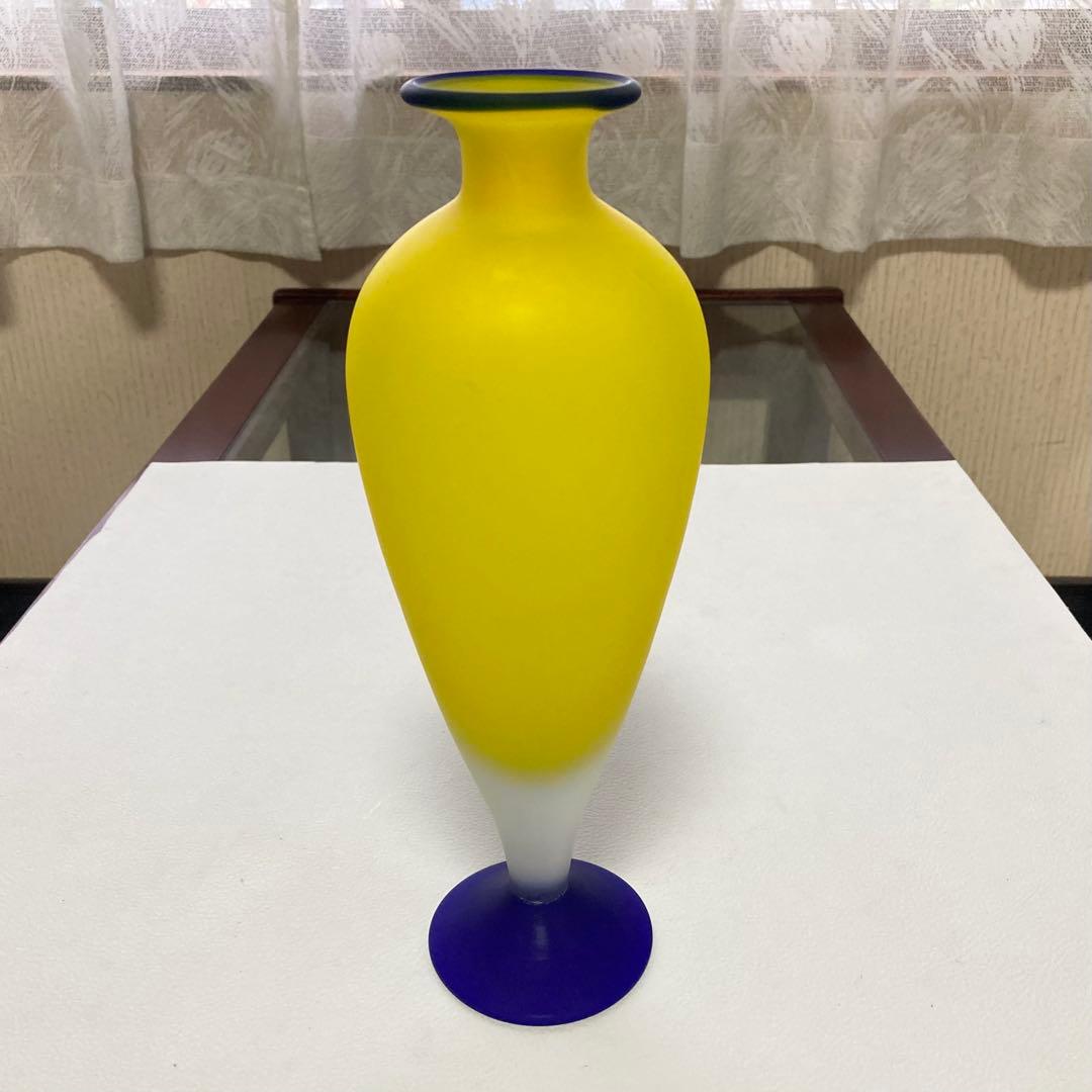 HOYAクリスタル 花瓶 花器 フラワーベース 置物 硝子 イエロー 青 レトロ