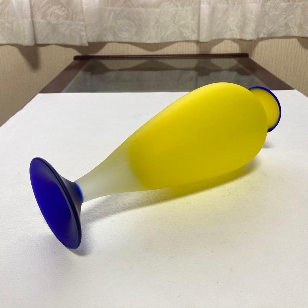 HOYAクリスタル 花瓶 花器 フラワーベース 置物 硝子 イエロー 青 レトロ