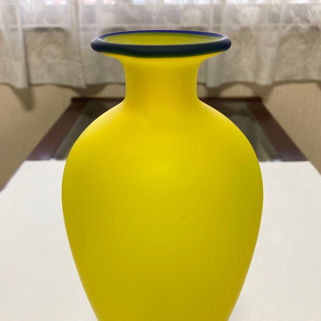 HOYAクリスタル 花瓶 花器 フラワーベース 置物 硝子 イエロー 青 レトロ