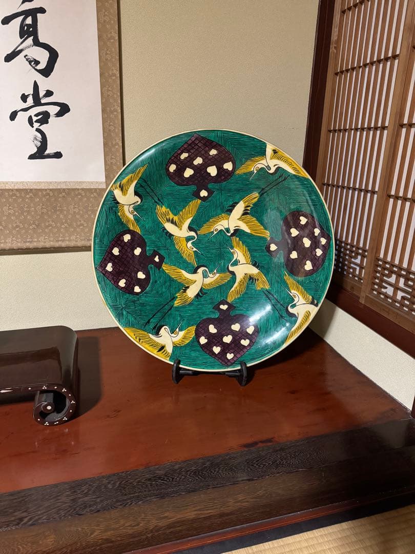 古九谷名品「色絵鶴かるた文平鉢」の写し