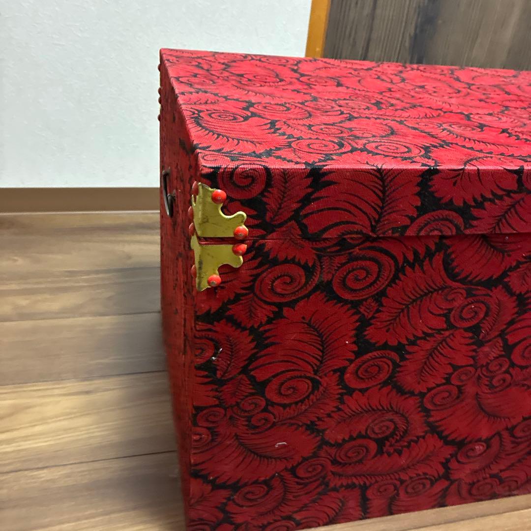 昭和レトロ　アンティーク 家具 長持 布張り ビロード 文モダン 木製