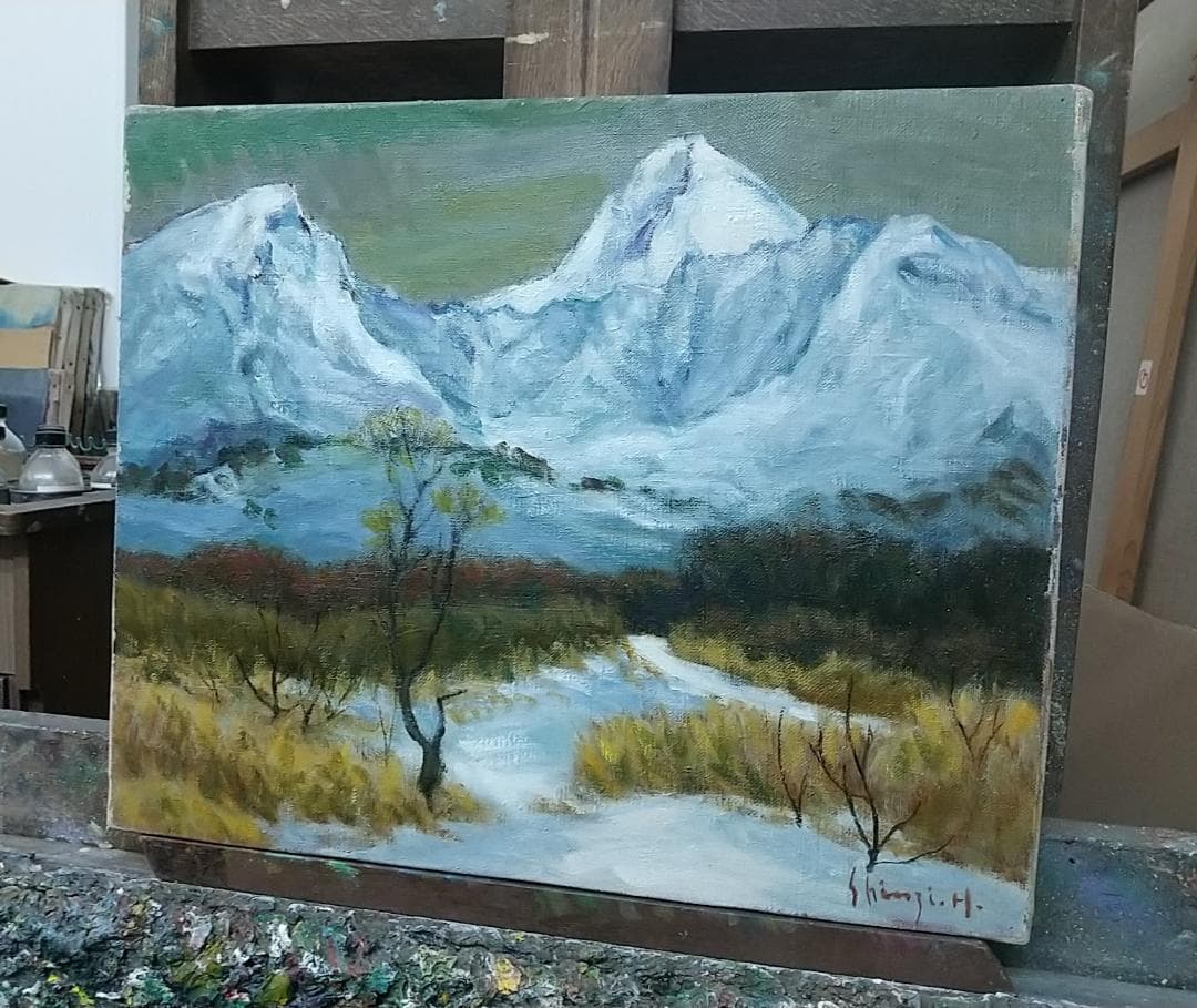 油絵 F8「冬磐梯」絵画 油彩画 風景画 アート 磐梯山