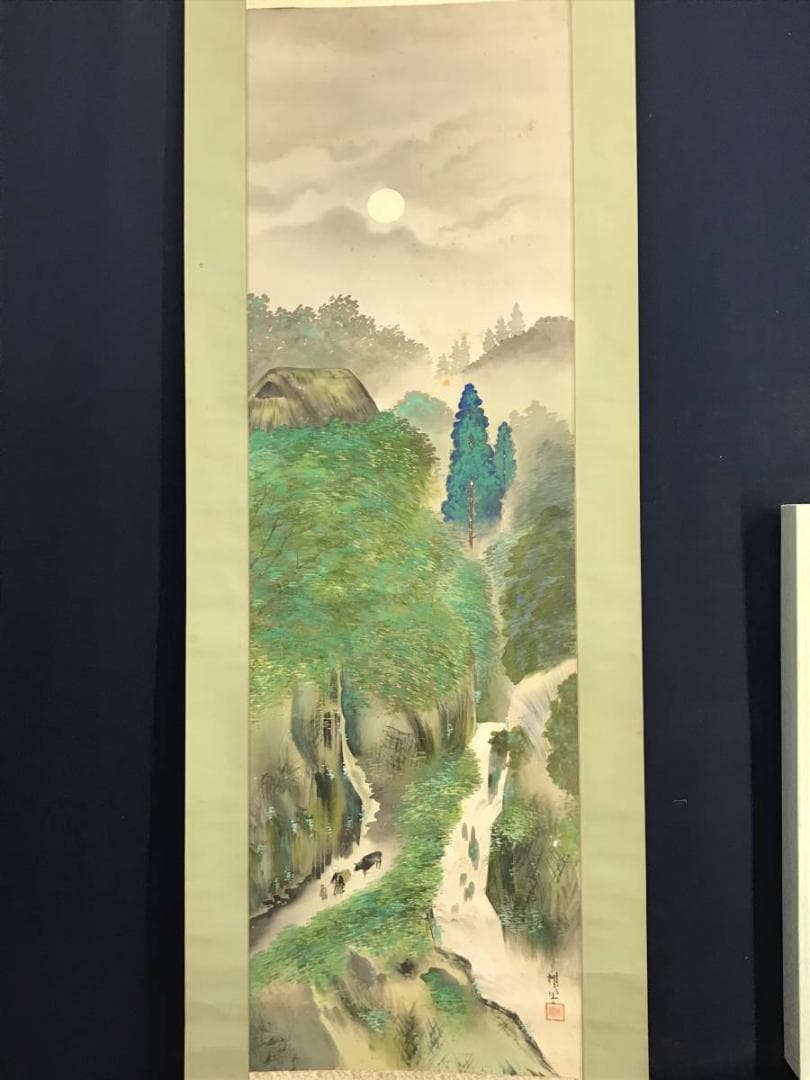 【真作】雅鳳/月夜道図/山水図/人物図/掛軸/名家伝来/AD-40