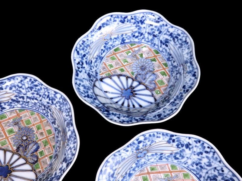 大聖寺伊万里　　微塵唐草に菊の図　小振輪花膾皿　４客　F498AS-fbvi