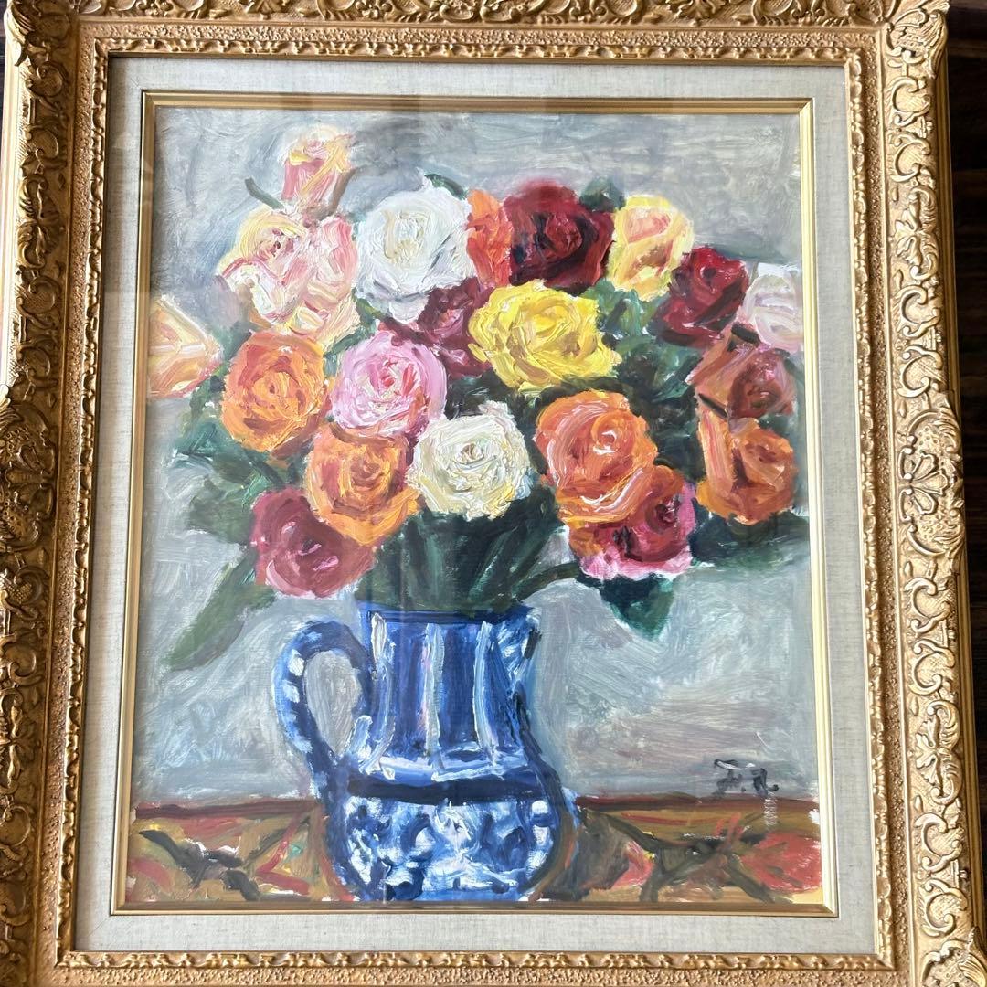 朝比奈文雄「薔薇」油彩 F8 額装 日展評議員 油絵 油画 絵画