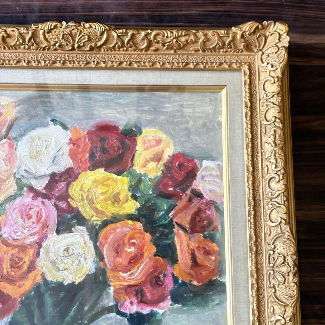 朝比奈文雄「薔薇」油彩 F8 額装 日展評議員 油絵 油画 絵画