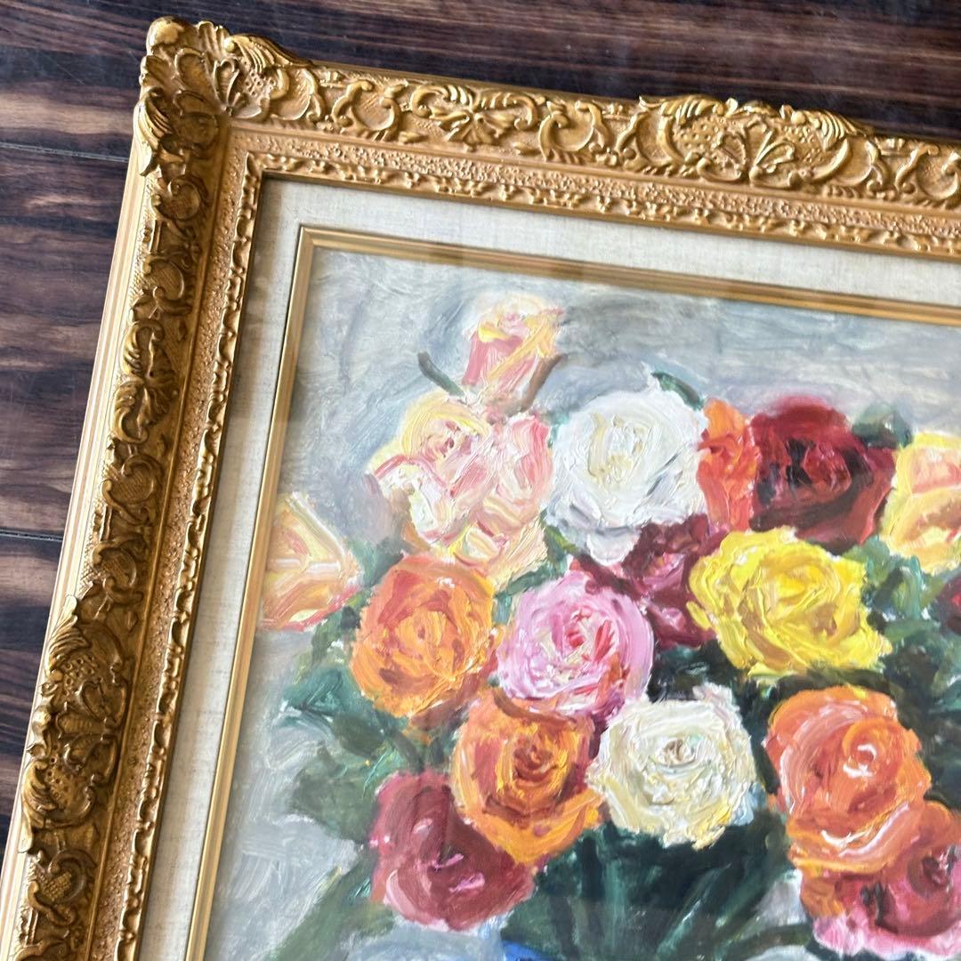 朝比奈文雄「薔薇」油彩 F8 額装 日展評議員 油絵 油画 絵画