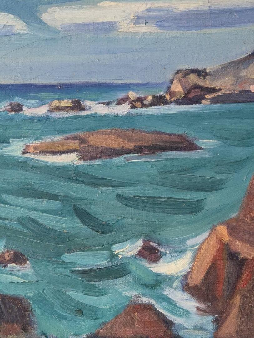 【真作】絵画　吉村欽吾　油彩6号　爪木崎　断崖に寄せる波　悠久の海原　Y132