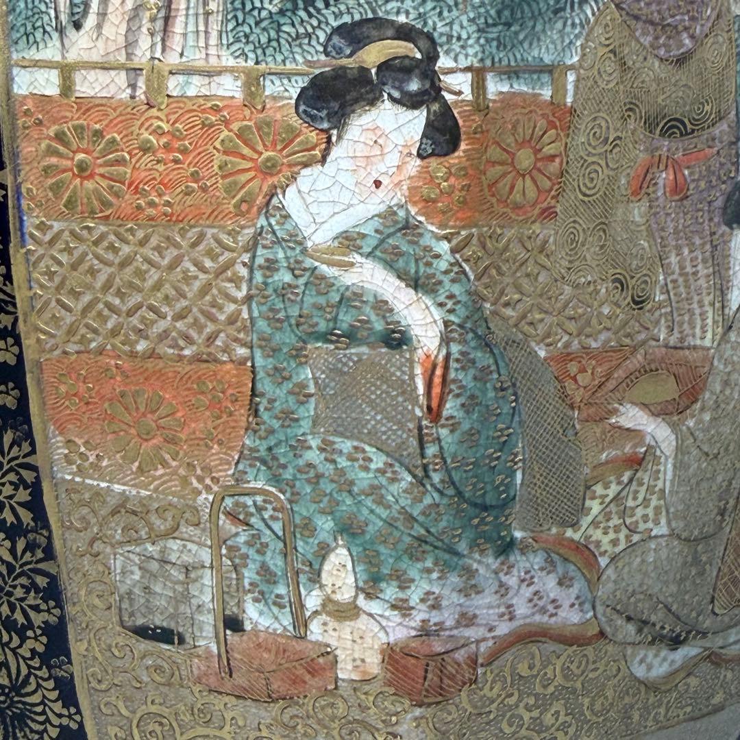 幕末〜明治期　瑠璃薩摩　美人図六角花瓶　共箱　蒐集家　豪商旧蔵品　高30.8cm