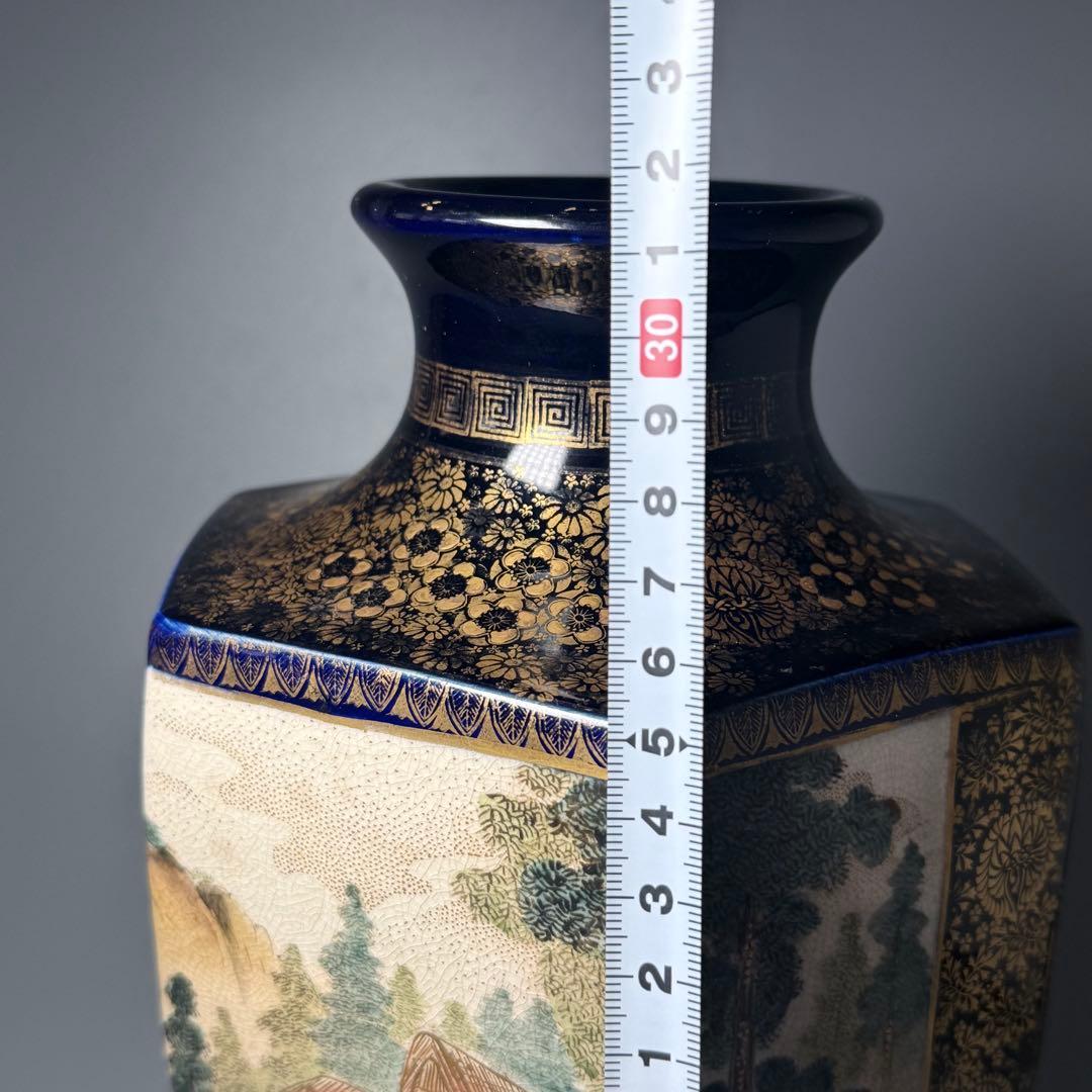 幕末〜明治期　瑠璃薩摩　美人図六角花瓶　共箱　蒐集家　豪商旧蔵品　高30.8cm