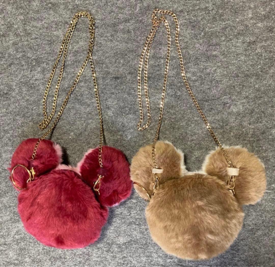 ディズニー　カチューシャ　ショルダーバッグ　もこもこ　ピンク　白　ボア