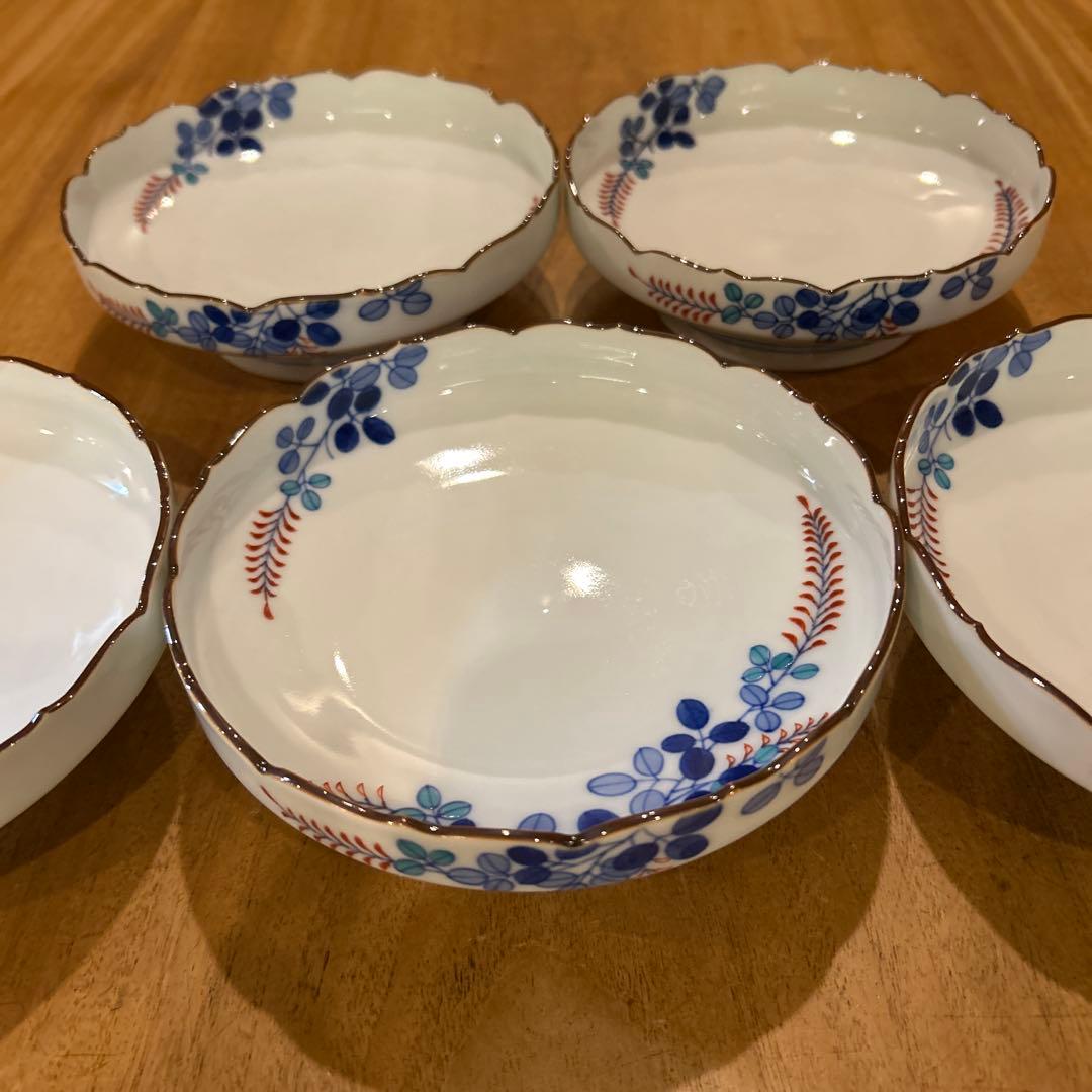 有田焼　辻製磁　辻常陸　萩絵付　高台平鉢　昭和期　五枚　(全十枚)