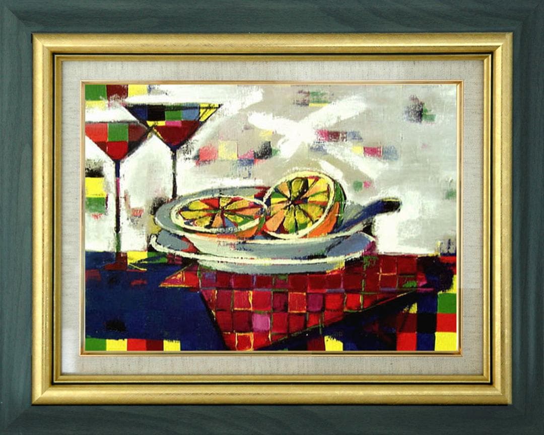 油絵 菅家令子 絵 絵画インテリア額付(黒) uF6-061703フルーツグラス