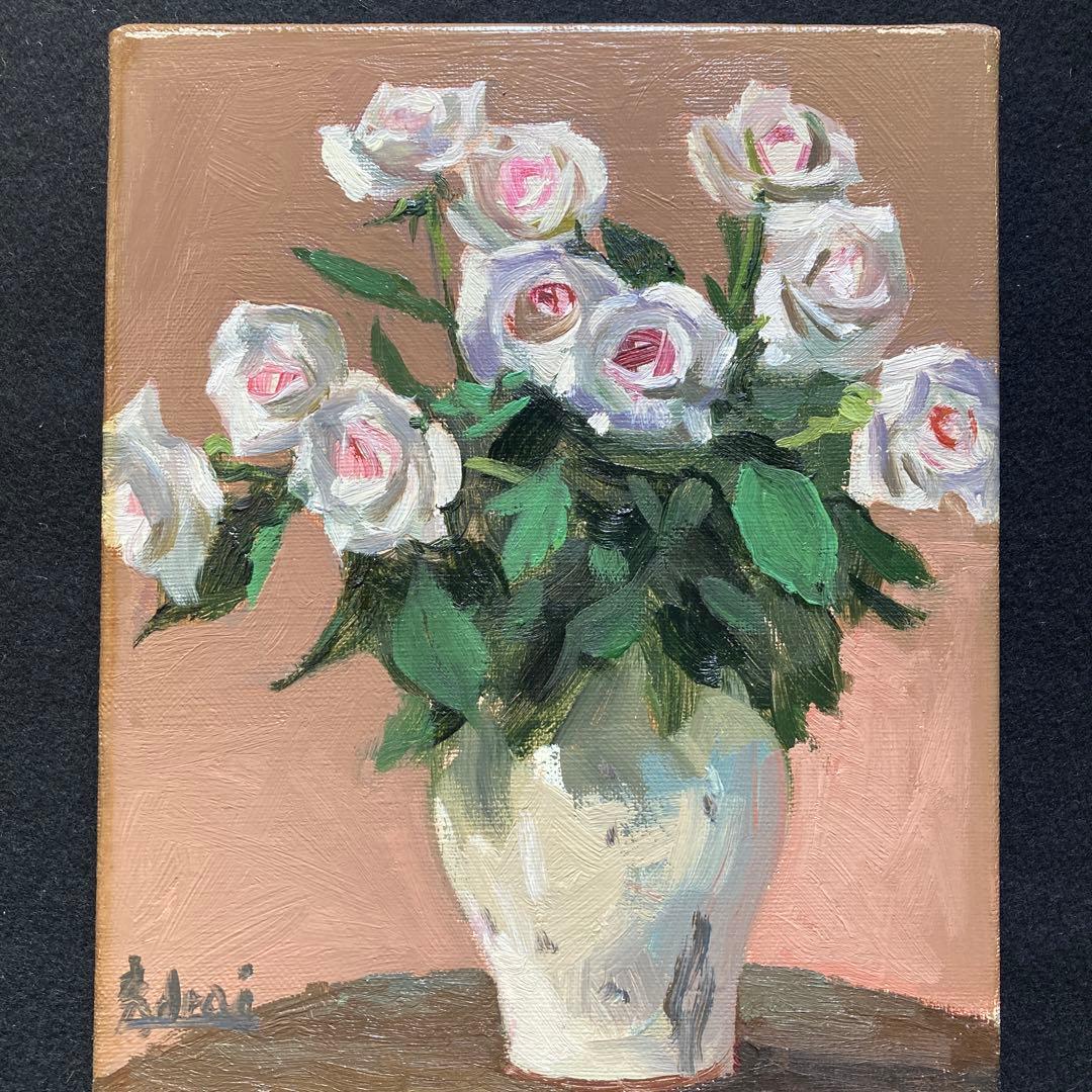 新井秀一郎「白薔薇」1990年油彩画 額50×45 絵画27.5×22cm F3