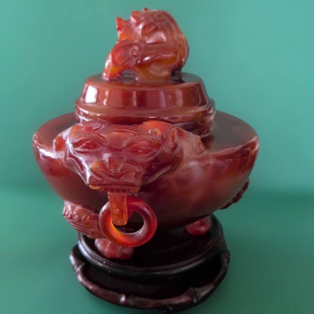 赤翡翠石彫刻　香炉　中国美術品