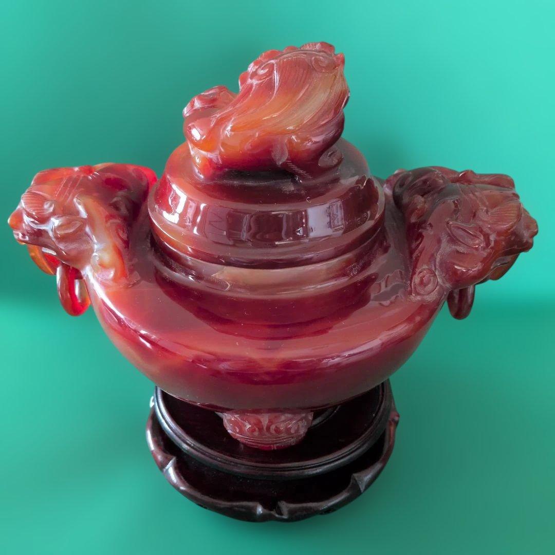 赤翡翠石彫刻　香炉　中国美術品