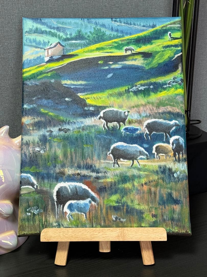 「故郷の羊」　手描き　油絵　風景画　原画　油彩画　印象派