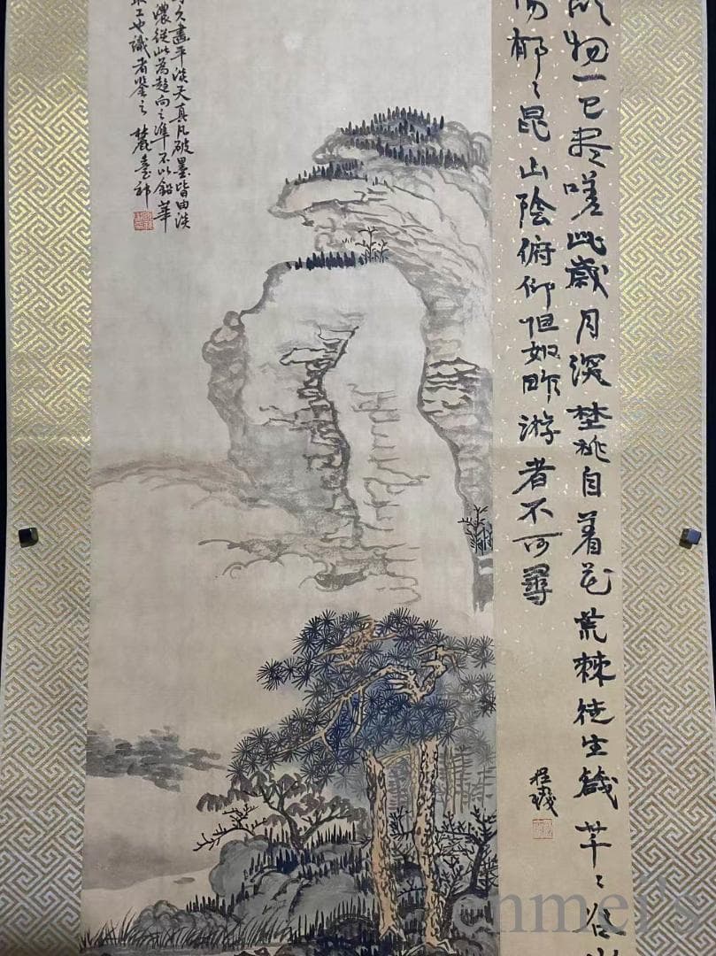 中国古美術『王原祁款 山水画』宣紙 三尺中堂画 表装済 卷物 水墨画 旧蔵 模写