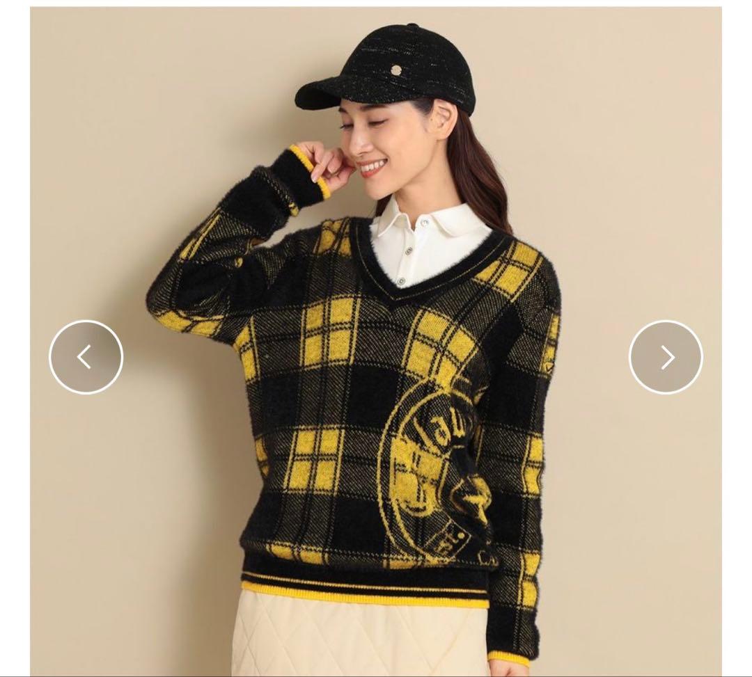 美品【定価1.6万】Callaway チェックジャカードVネックヘアリーニット