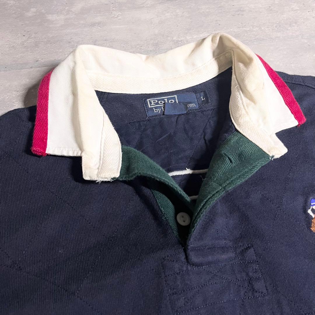 90sポロバイラルフローレンビッグポニーロゴ刺繍エルボーパッチ付ラガーシャツ