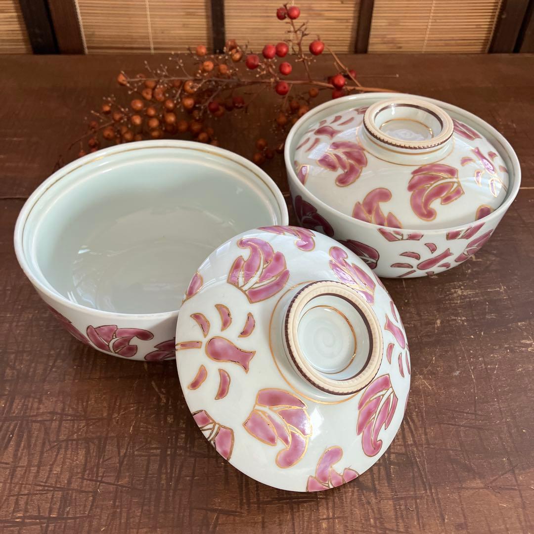 珍品　希少　角福　丼　蓋付き　ピンク　2個セット　ヴィンテージ　骨董　紅釉
