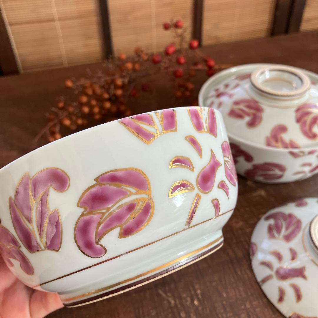 珍品　希少　角福　丼　蓋付き　ピンク　2個セット　ヴィンテージ　骨董　紅釉