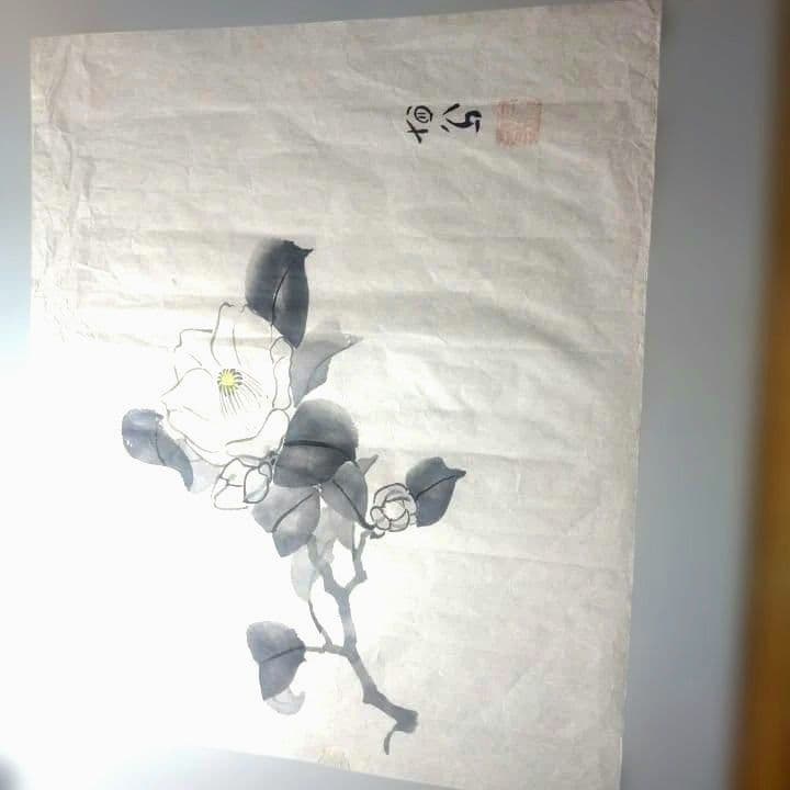 真作 竹内栖鳳(たけうちせいほう) 水墨画 雪椿 紙本