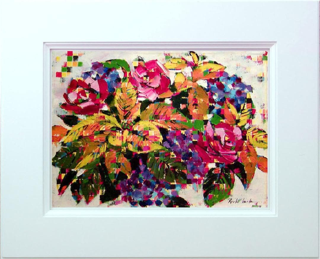油絵 菅家令子 絵 絵画インテリア額付(青緑＋金色の枠) uF6-061704花