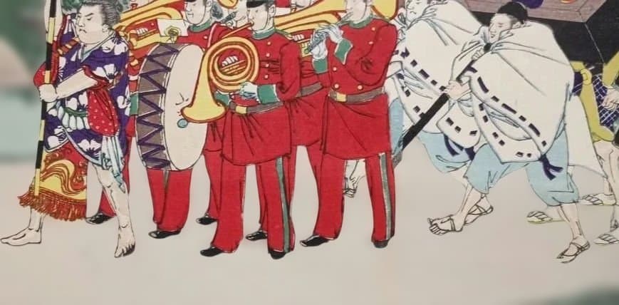 浮世絵版画奠都三十年祭祝賀會上野公園天覧行列之図三枚綴り、楊斎延一画、明治30年