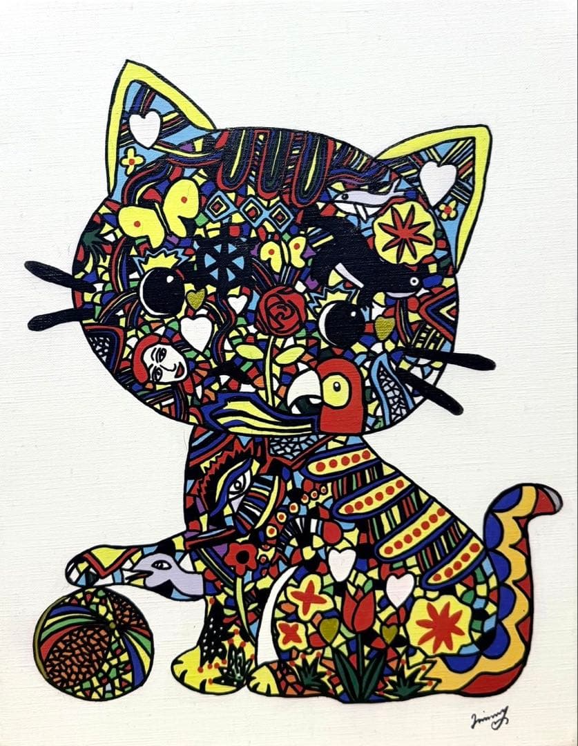 【F6】水森亜土（KISS）肉筆品/表裏サイン有り/手描き/油絵/絵画/額縁有り