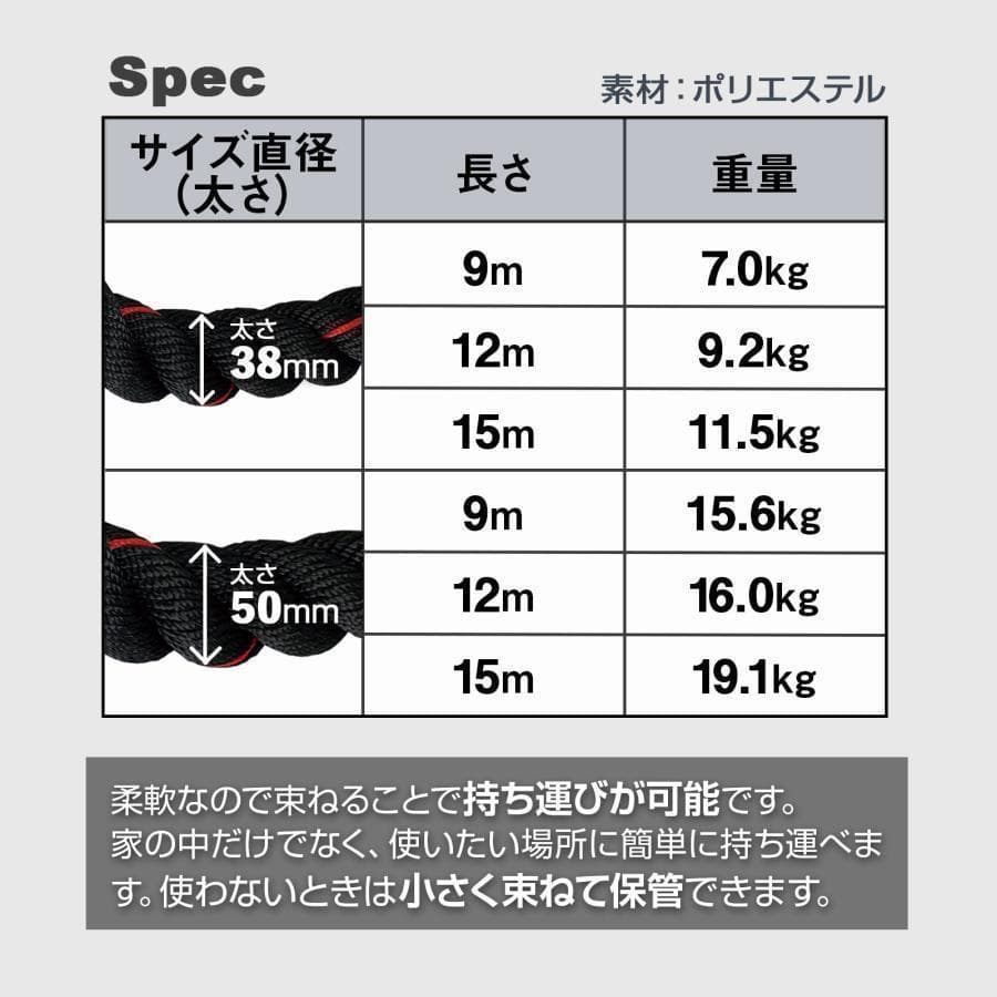 B2384バトルロープ 自宅 12m トレーニングロープ 50mm筋トレ 格闘技