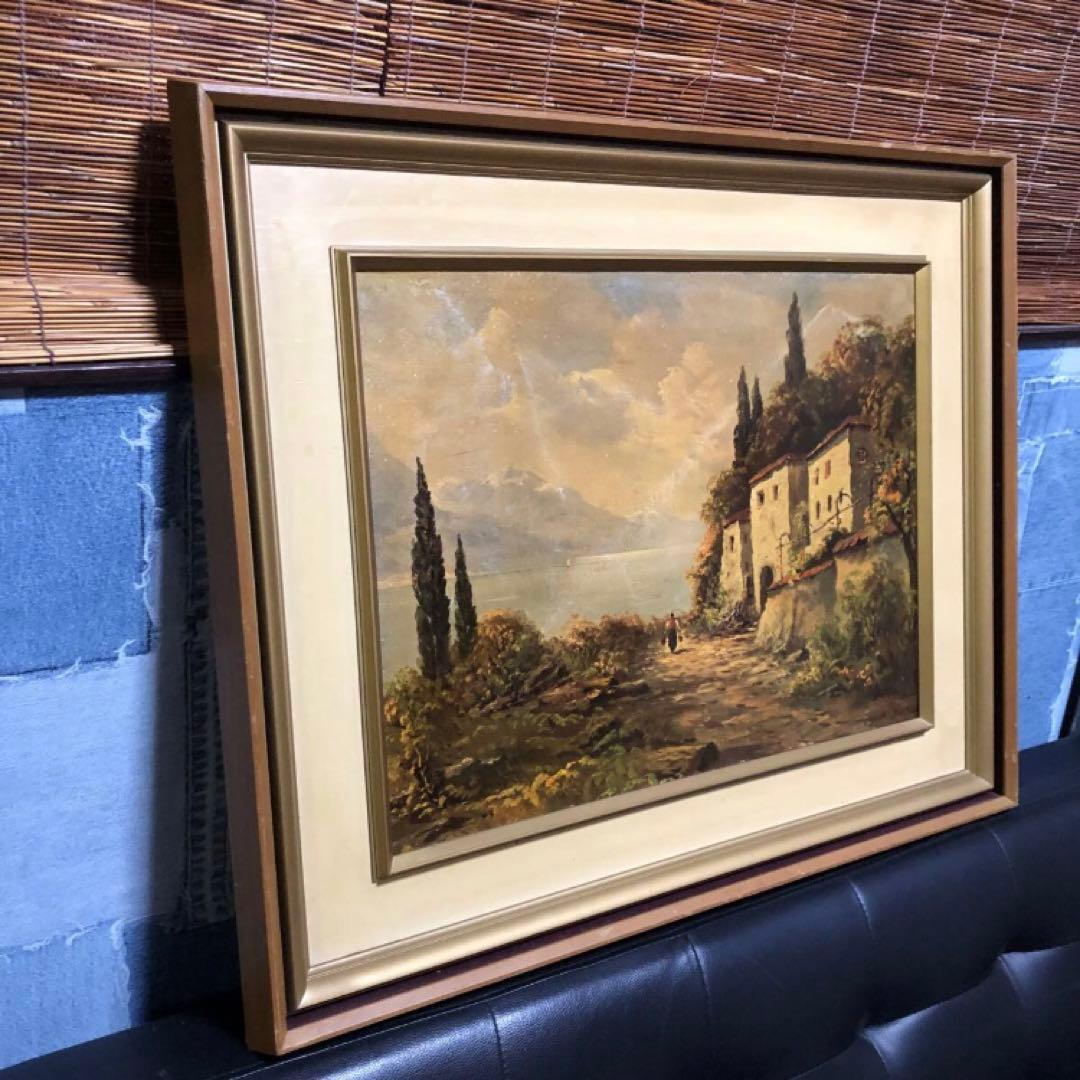 絵画美術　油彩複製画　アンドレ・ベッツ作　コモ湖畔　銘　額装品