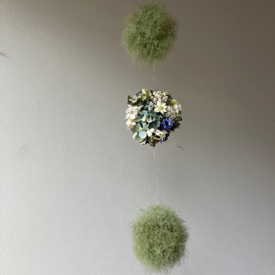 スモークツリー と紫陽花の3連ボールガーランド　千鳥草　フランネルフラワー