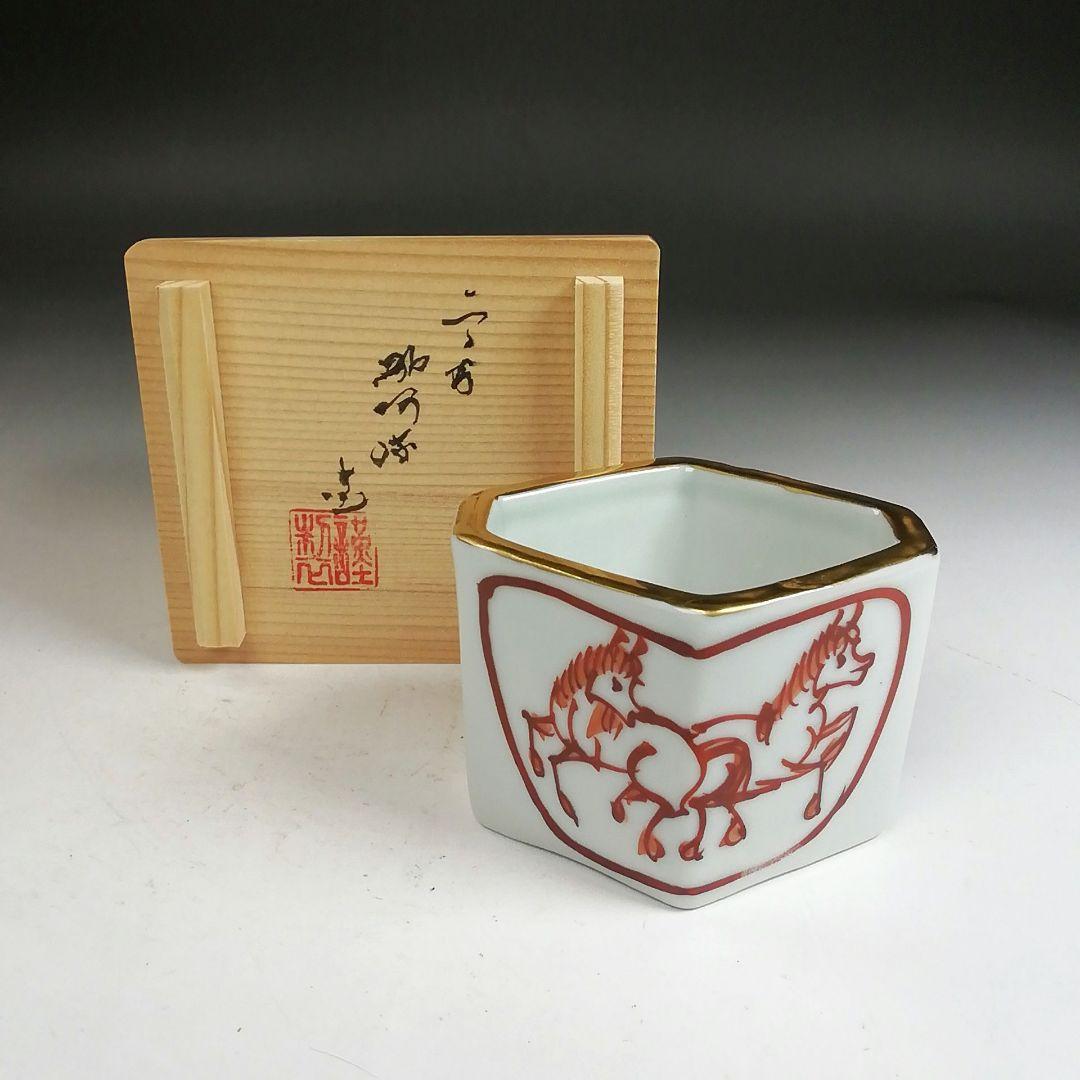 Ｗ３６７　蓋置　『赤絵　菱馬』『高野昭阿弥 造』　共箱　茶道具