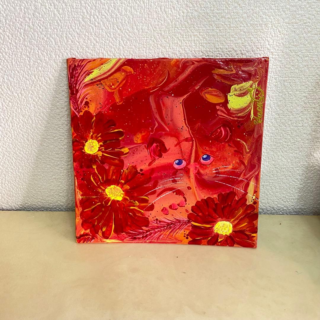 キャンバスアクリル画⭐︎火の猫⭐︎フルイドアート　ポーリングアート　猫の絵