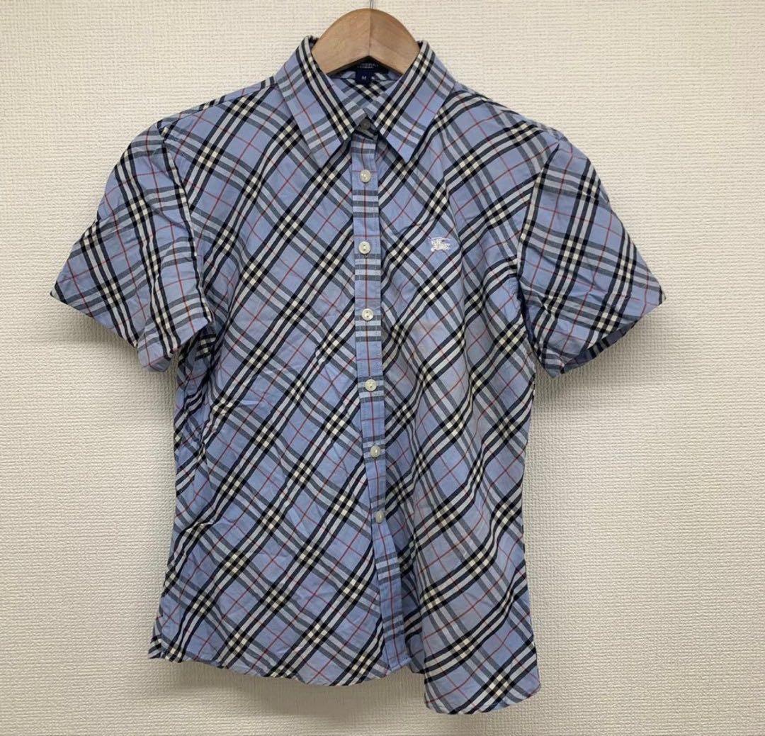 美品 Burberry バーバリー 半袖チェックシャツ ブルー