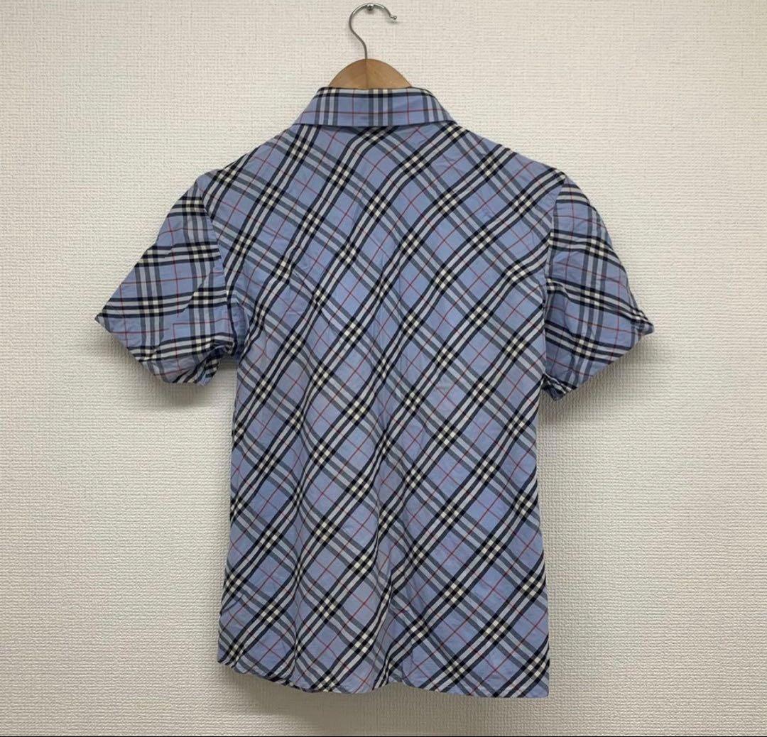 美品 Burberry バーバリー 半袖チェックシャツ ブルー