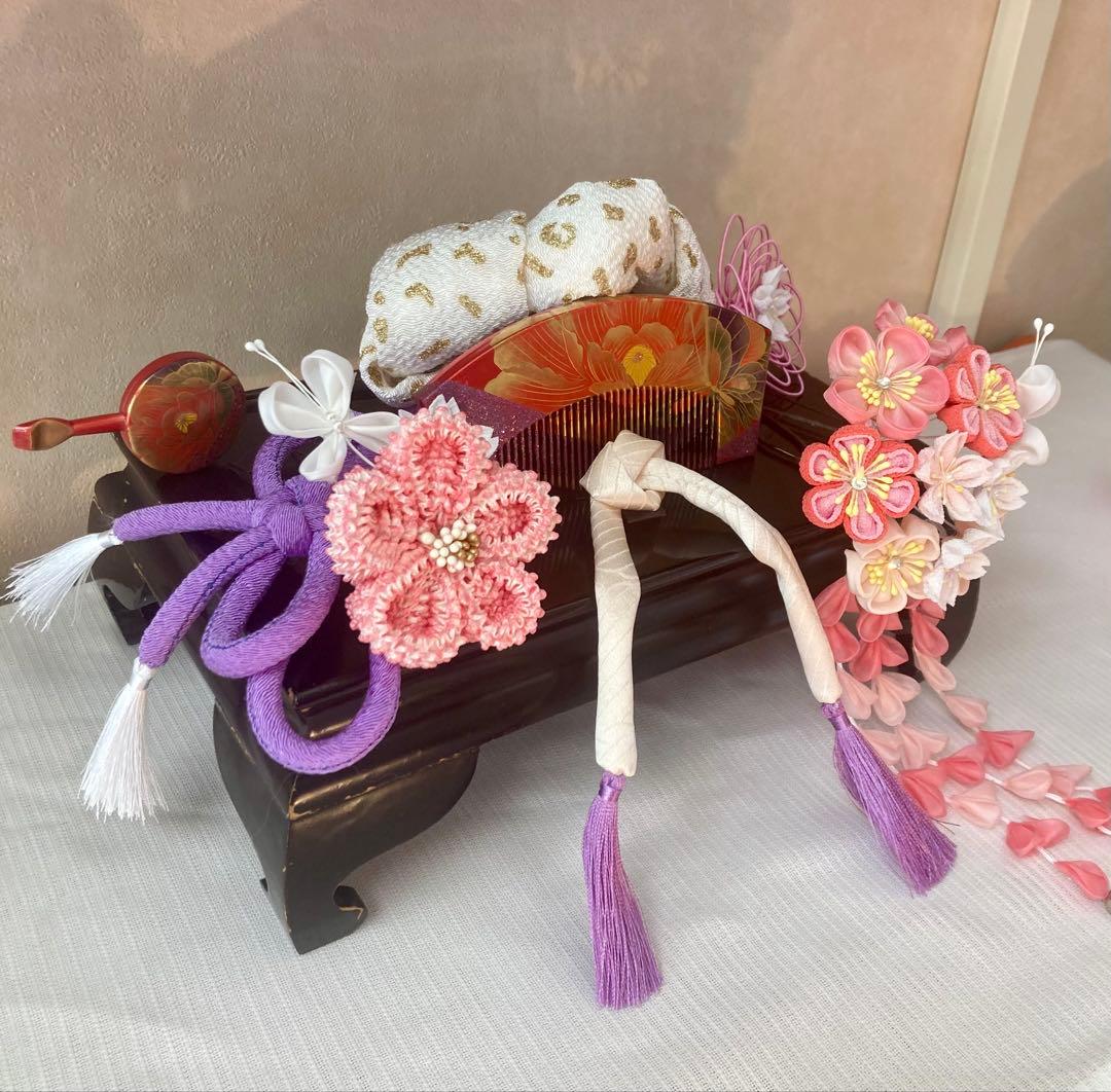 七五三　成人式　春待ち蝶々の花簪　まるぐけおりぼん　櫛平打ち簪　水引簪　日本髪