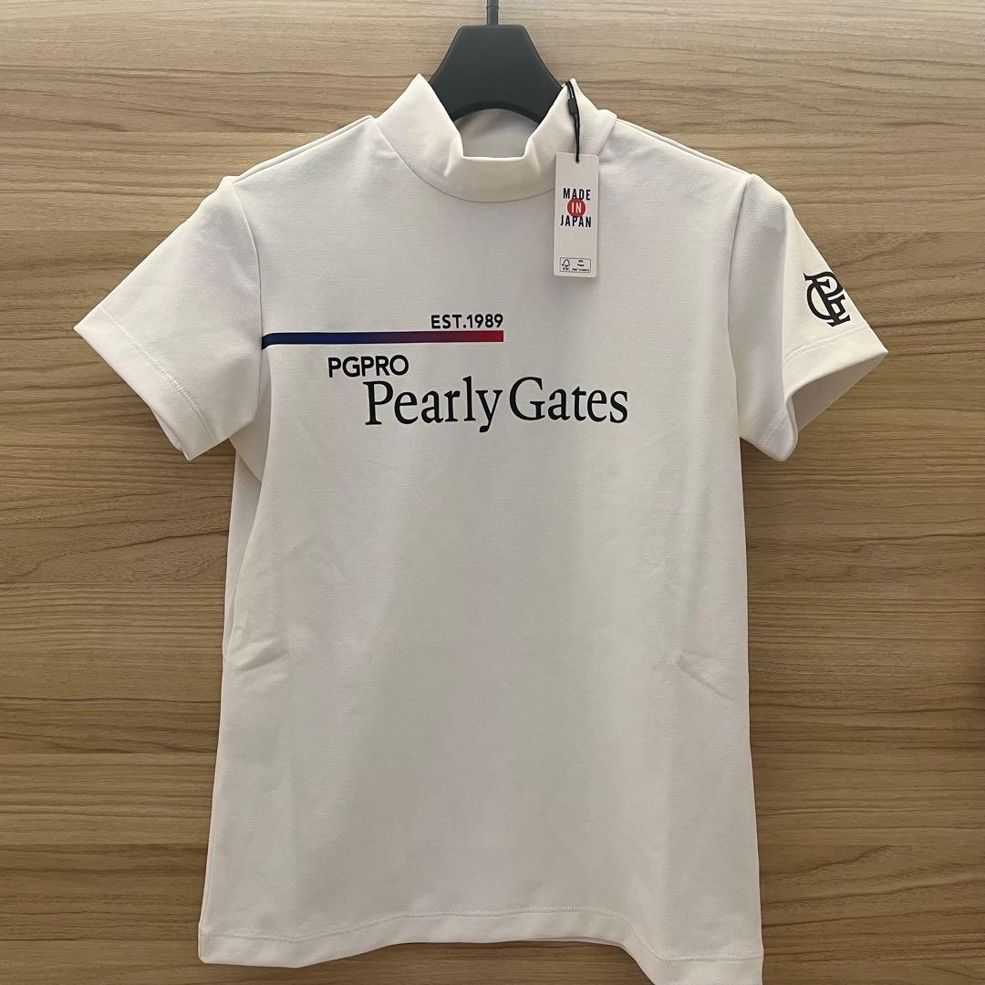 新品★パーリーゲイツ モックネックシャツ 半袖ハイネックシャツ 白×黒ロゴ 0