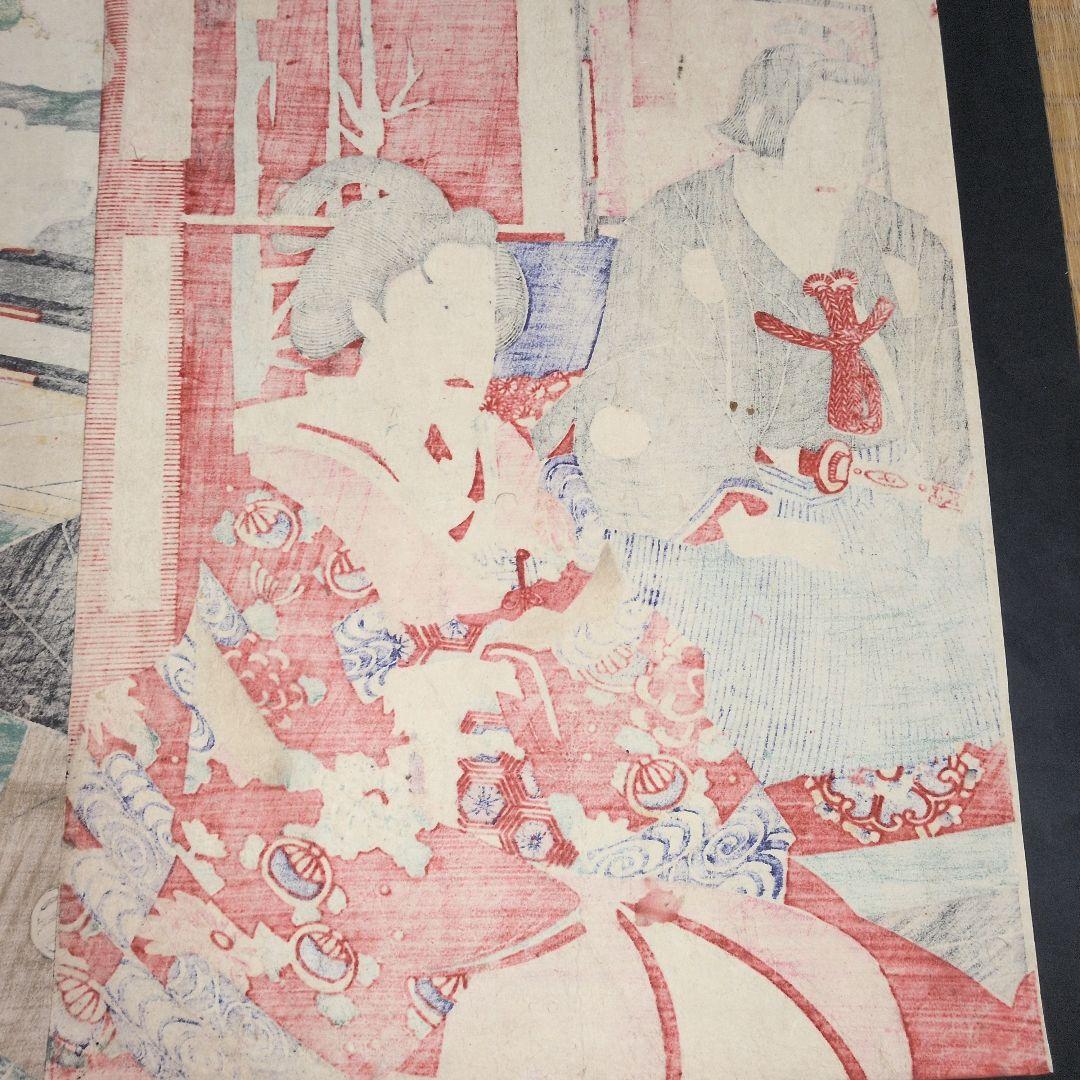 歌川国貞筆 浮世絵 三枚続 江戸時代 役者絵 歌舞伎 錦絵 木版画