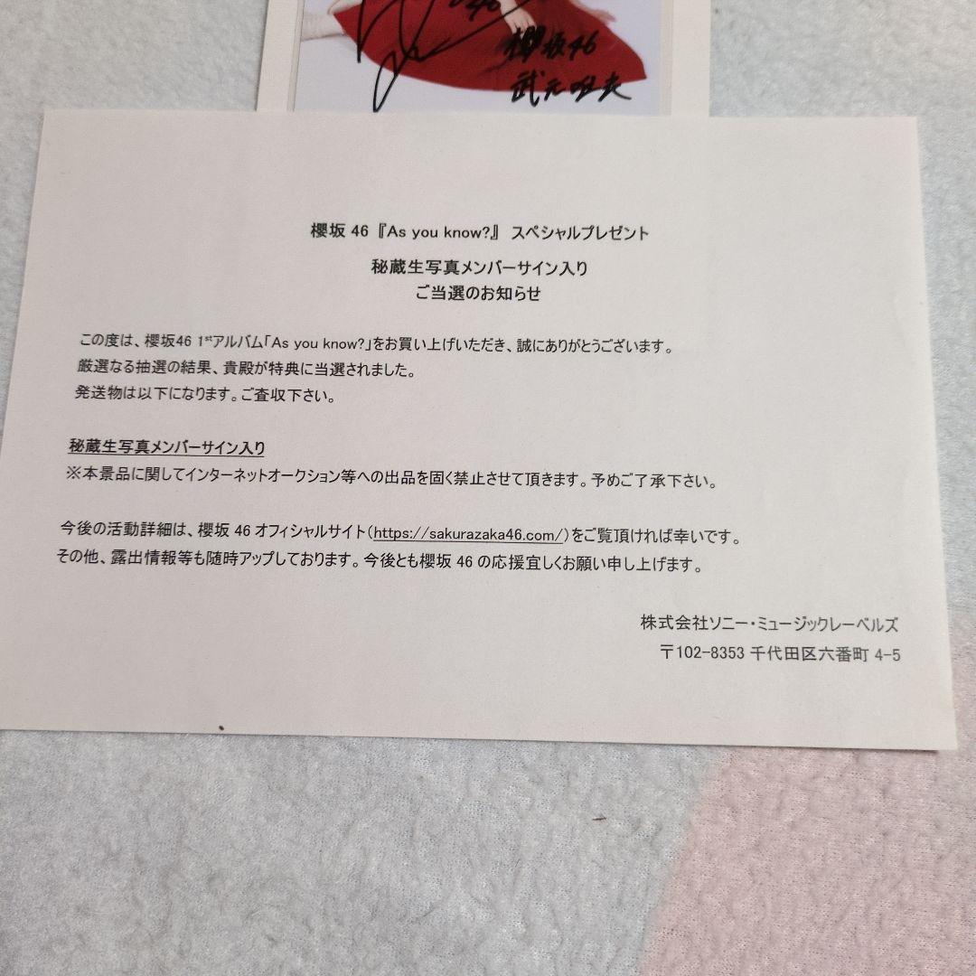 【極美品】櫻坂46 武元唯衣 直筆サイン入り生写真 当選通知付き