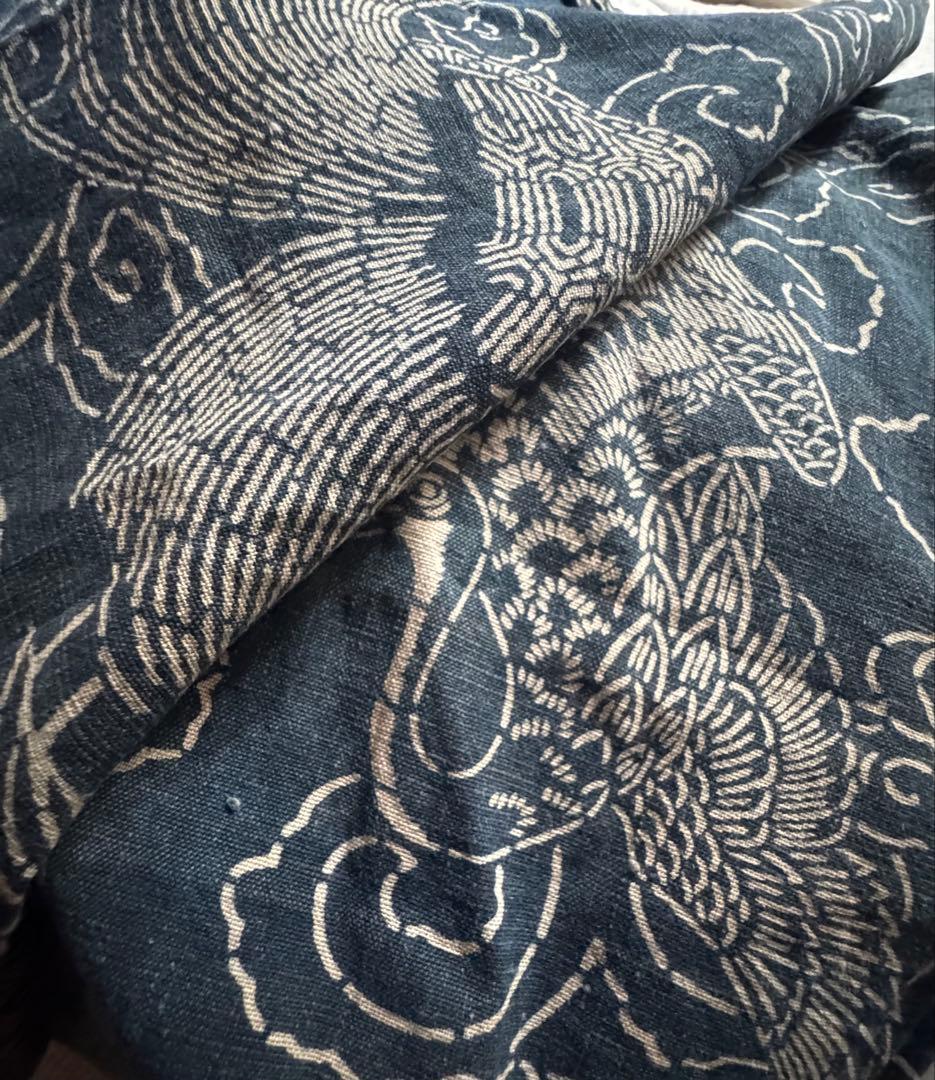 古布大正期　鶴と亀暖簾　のれん　本藍染フェード感が素敵　純和アンティーク